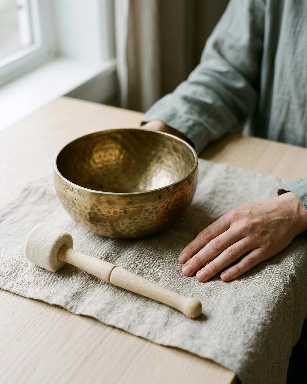 Close view of a brass singing bowl and a felt mallet resting on undyed linen.